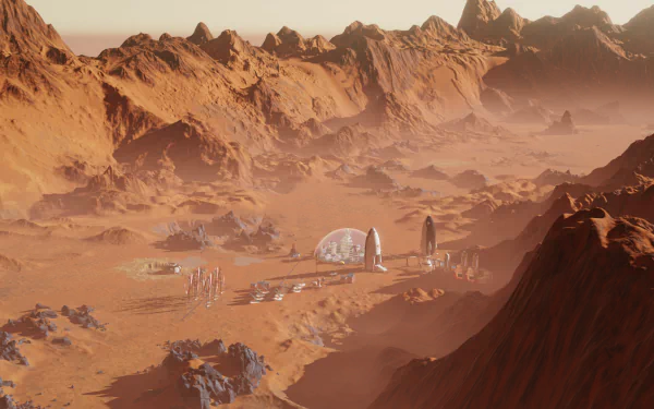 HD wallpaper of a Mars base with a dome habitat and rockets in a rugged Martian landscape, tagged with Surviving Mars.