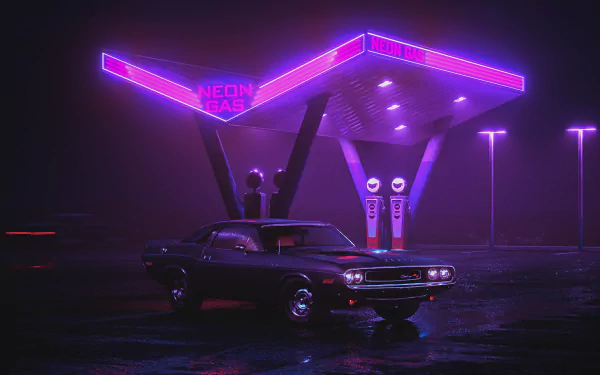 A purple retro wave scene featuring a classic car parked at a neon-lit gas station at night. This HD desktop wallpaper and background exudes an artistic, nostalgic vibe.