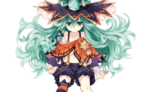 HD desktop wallpaper of Natsumi from Date A Live anime, featuring her in a detailed and colorful outfit with green flowing hair and a large hat.