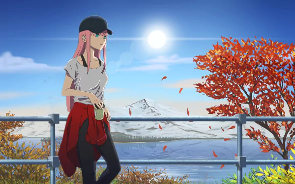 HD desktop wallpaper featuring Zero Two from Darling in the FranXX. She has pink hair and is wearing a cap, standing by a railing with a scenic background of autumn trees and a snowy mountain.