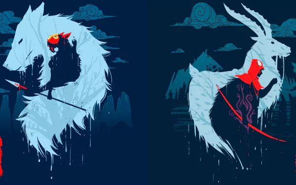 HD desktop wallpaper featuring stylized anime art from Princess Mononoke, showcasing two figures with a wolf and a deer in vivid blue tones contrasted by red accents.