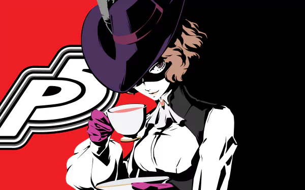 4K Ultra HD Persona 5 PC desktop wallpaper featuring a masked character in a hat sipping tea against a bold red background with the game's logo.