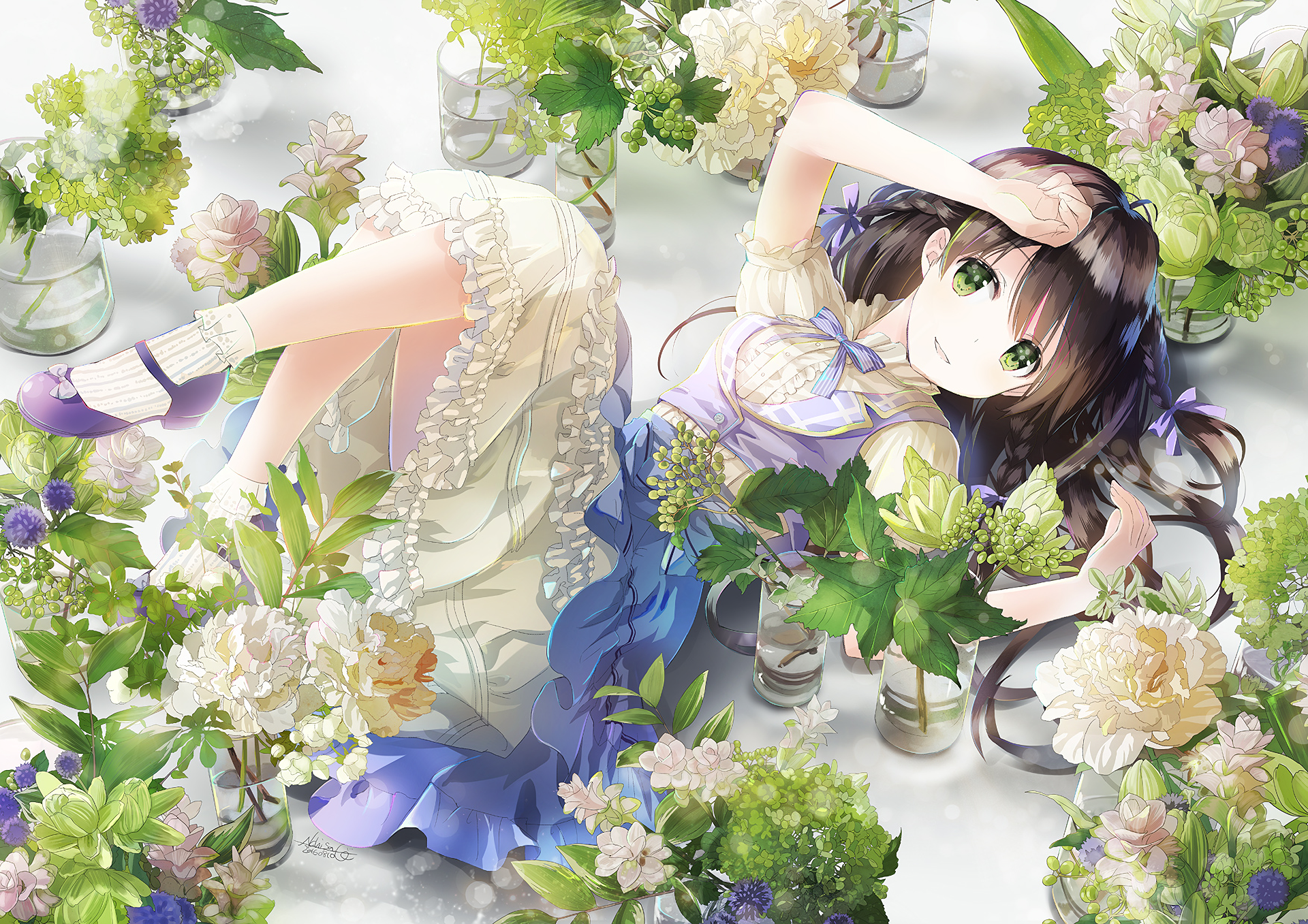 Anime-style girl with long black braided hair, green eyes, and a flower-adorned bow, smiling while surrounded by white and green flowers in an HD desktop wallpaper.