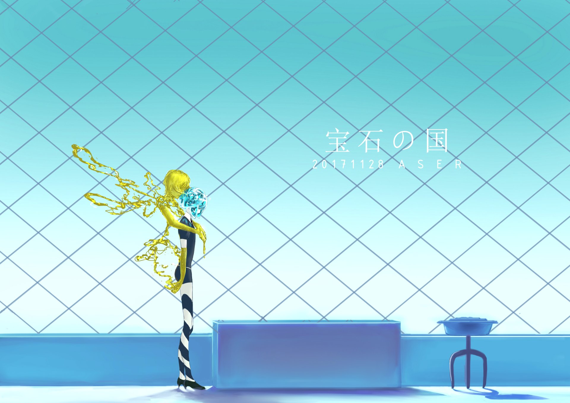 Phosphophyllite (Land of the Lustrous) on a striped pole against a turquoise grid sky, holding blue crystals — HD anime PC desktop wallpaper/background with the Japanese title visible.