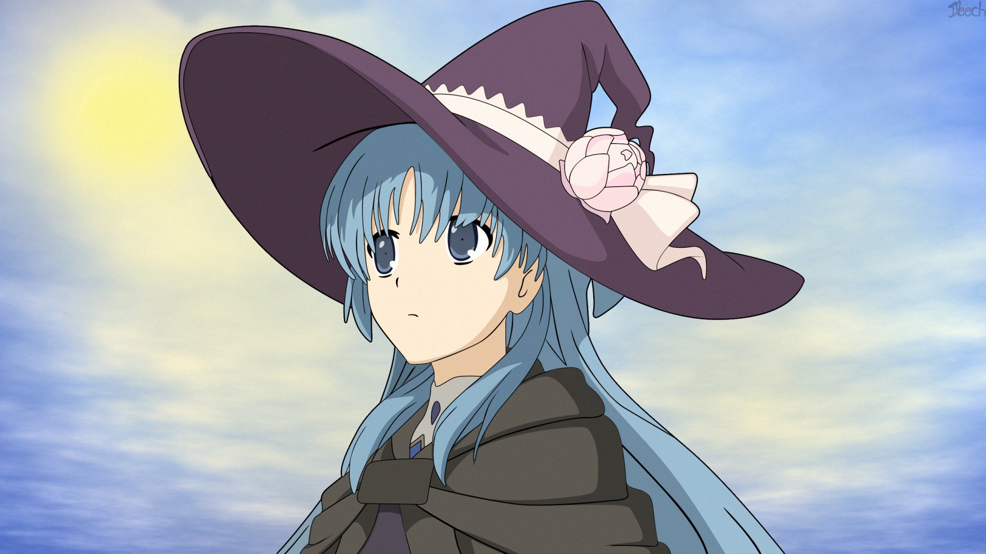 HD desktop wallpaper of Chtholly Nota Seniorious from Anime SukaSuka, featuring her in a witch's hat under a bright sky.