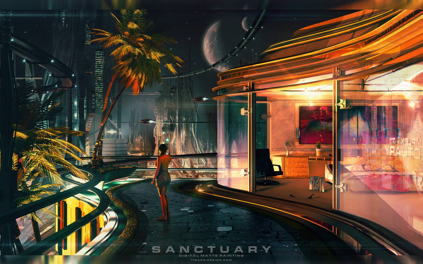 A futuristic sci-fi cityscape at night with neon lights, a digital palm tree, and a figure standing on a balcony, captured in HD for a PC desktop wallpaper.