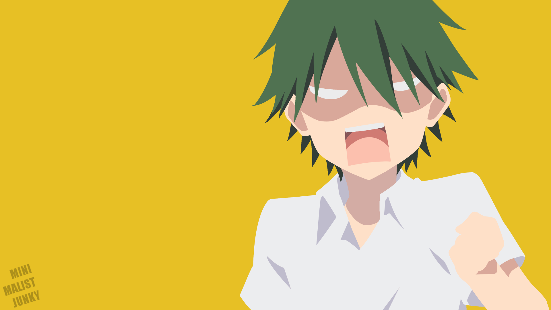 Dino (Blend S) anime — green‑haired character shouting in a white shirt against a bold yellow backdrop. 4K Ultra HD PC desktop wallpaper/background.