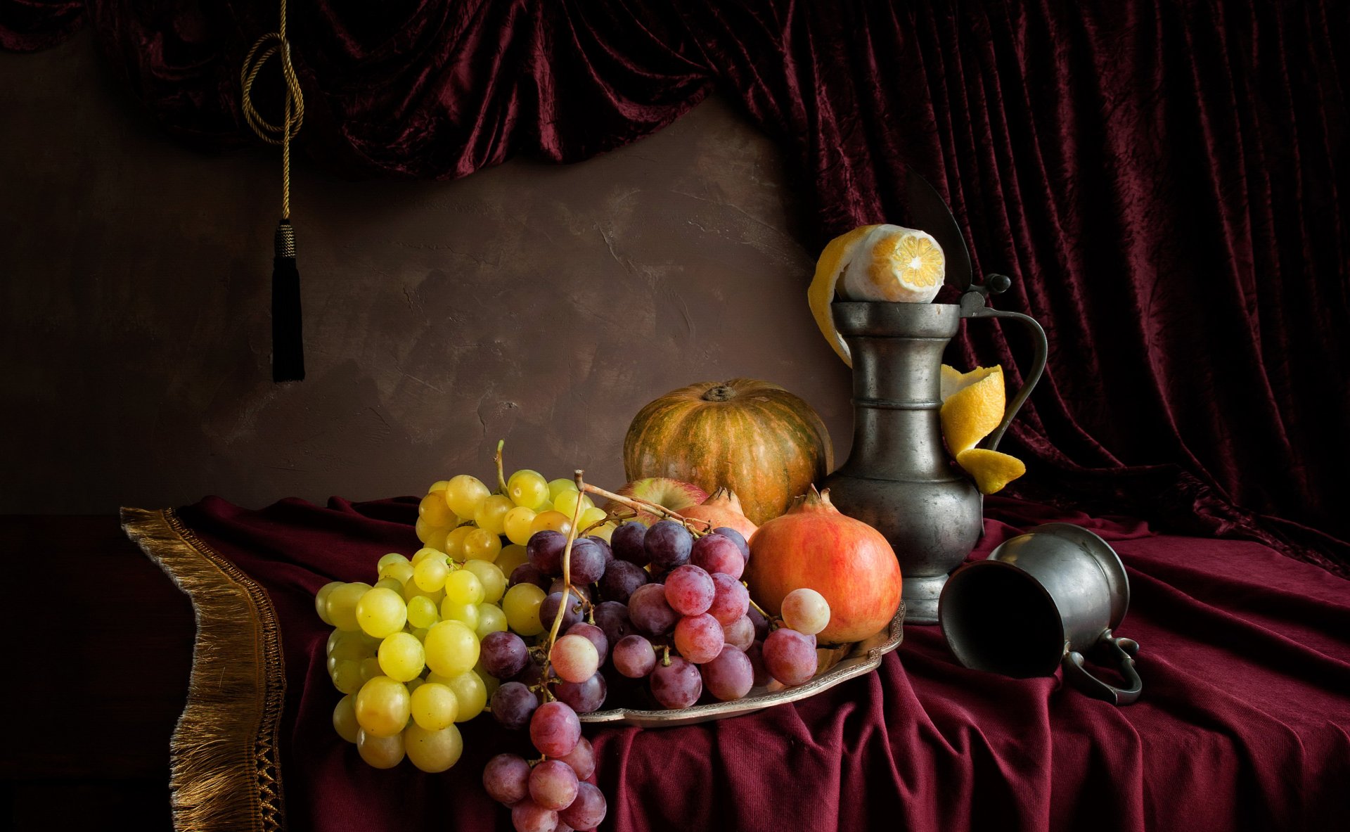 HD still life photography of a gourd, grapes, cup, and pitcher arranged on a table with a rich curtain backdrop, captured as a PC desktop wallpaper and background.