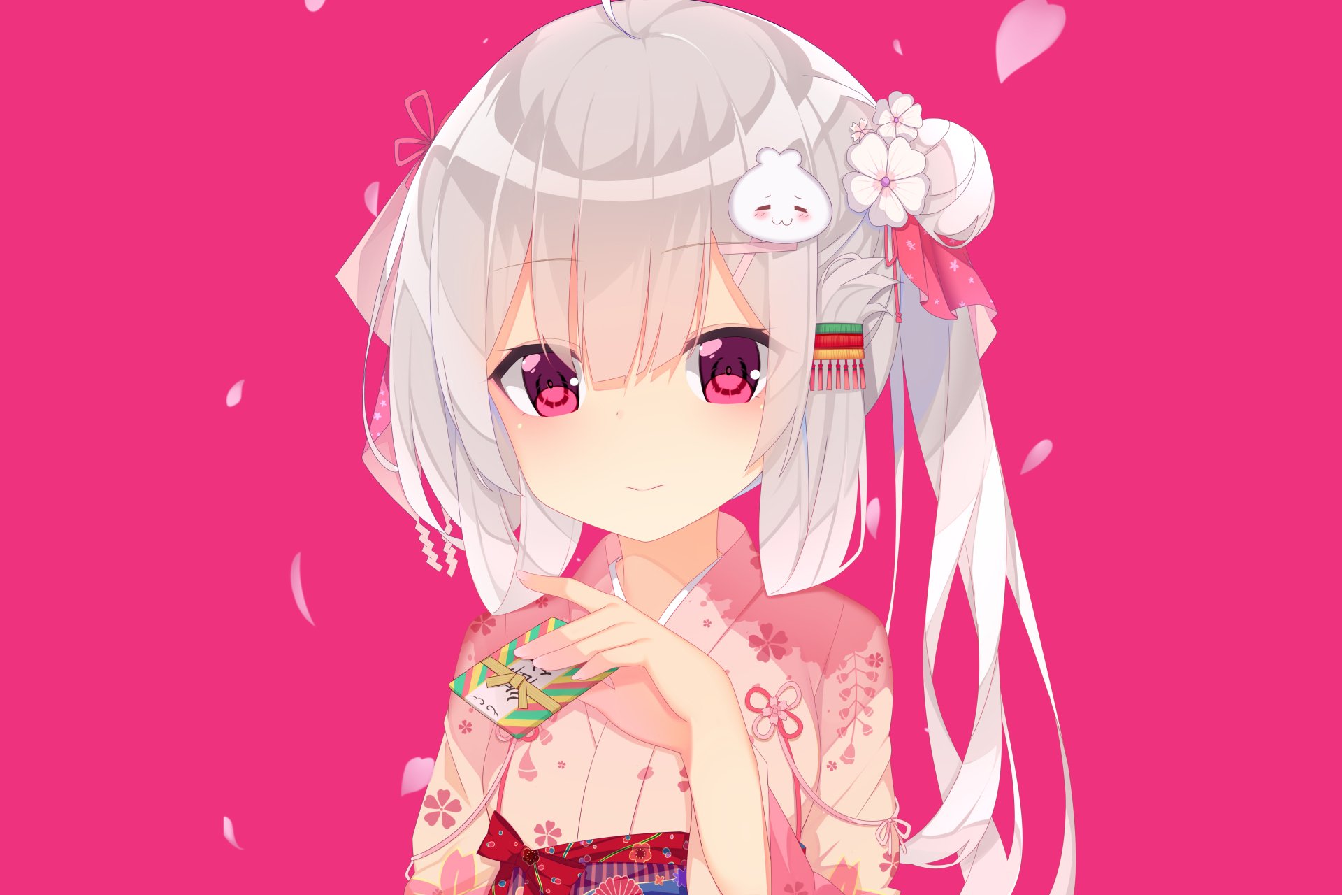 HD desktop wallpaper of an original anime character with white hair, pink eyes, and traditional attire, set against a vibrant pink background.