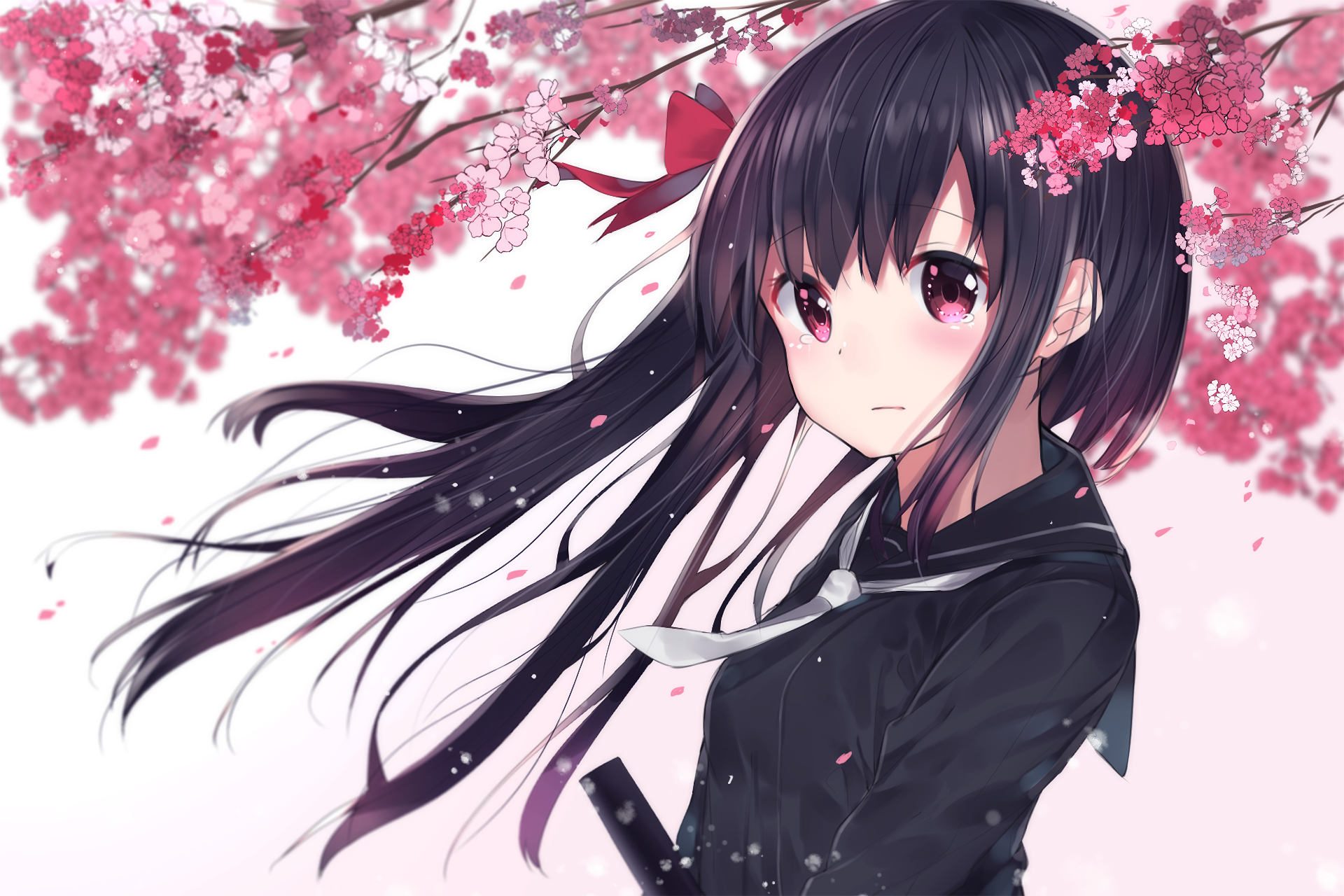 HD desktop wallpaper featuring an original anime character with long dark hair, red eyes, and a black outfit, standing beneath blooming cherry blossoms.