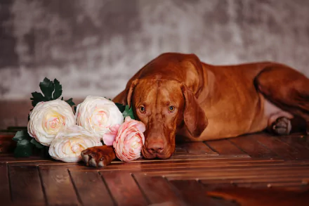 A Vizsla dog lying on a wooden floor next to a cluster of white and pink flowers, captured in an HD desktop wallpaper background.