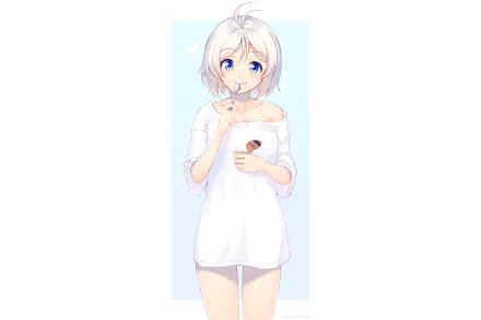 HD desktop wallpaper featuring an Anime Virtual Youtuber with short white hair in a white dress, standing against a light blue background.