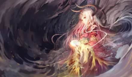 A mystical anime character with long flowing hair and horns stands amid swirling dark and light energy, creating a captivating fantasy scene in this HD original desktop wallpaper.