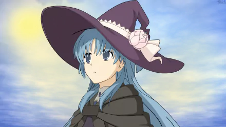 HD desktop wallpaper of Chtholly Nota Seniorious from Anime SukaSuka, featuring her in a witch's hat under a bright sky.