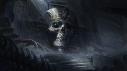 An HD desktop wallpaper depicting a dark, fantasy scene with Egyptian ruins. A large skull wearing a headdress looms over a staircase, surrounded by bones and eerie shadows.