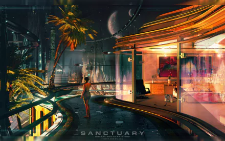 A futuristic sci-fi cityscape at night with neon lights, a digital palm tree, and a figure standing on a balcony, captured in HD for a PC desktop wallpaper.