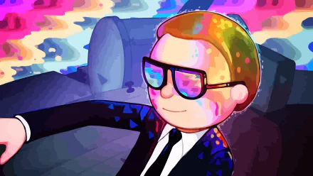 A vibrant HD desktop wallpaper showcasing Morty Smith from the TV show Rick and Morty, with a rainbow background, featuring Run the Jewels themes. Morty wears sunglasses and a suit, exuding coolness.