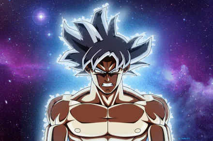 Ultra Instinct Goku (Dragon Ball Super) glowing with silver hair and aura against a starry cosmic background — 4K Ultra HD anime PC desktop wallpaper.