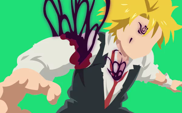 HD wallpaper of Meliodas from The Seven Deadly Sins, featuring minimalist artwork. Meliodas, with blonde hair and a tie, has a wound on his shoulder showing blood and a dark wing-like tattoo.