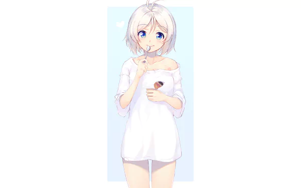 HD desktop wallpaper featuring an Anime Virtual Youtuber with short white hair in a white dress, standing against a light blue background.