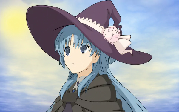 HD desktop wallpaper of Chtholly Nota Seniorious from Anime SukaSuka, featuring her in a witch's hat under a bright sky.