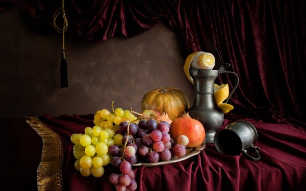 Photography Still Life Fruit Curtain Grapes Gourd Pitcher Cup HD Wallpaper | Background Image