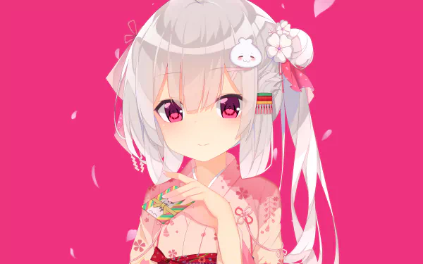 HD desktop wallpaper of an original anime character with white hair, pink eyes, and traditional attire, set against a vibrant pink background.