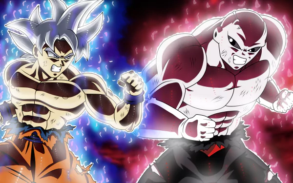 HD desktop wallpaper featuring Goku in Ultra Instinct form and Jiren from Dragon Ball Super, set against a dynamic background. Both characters are depicted in intense, battle-ready poses.