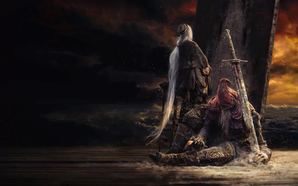 HD wallpaper featuring Slave Knight Gael from Dark Souls III. The warrior is depicted with a sword, amidst a dark, ominous background with warm highlights.