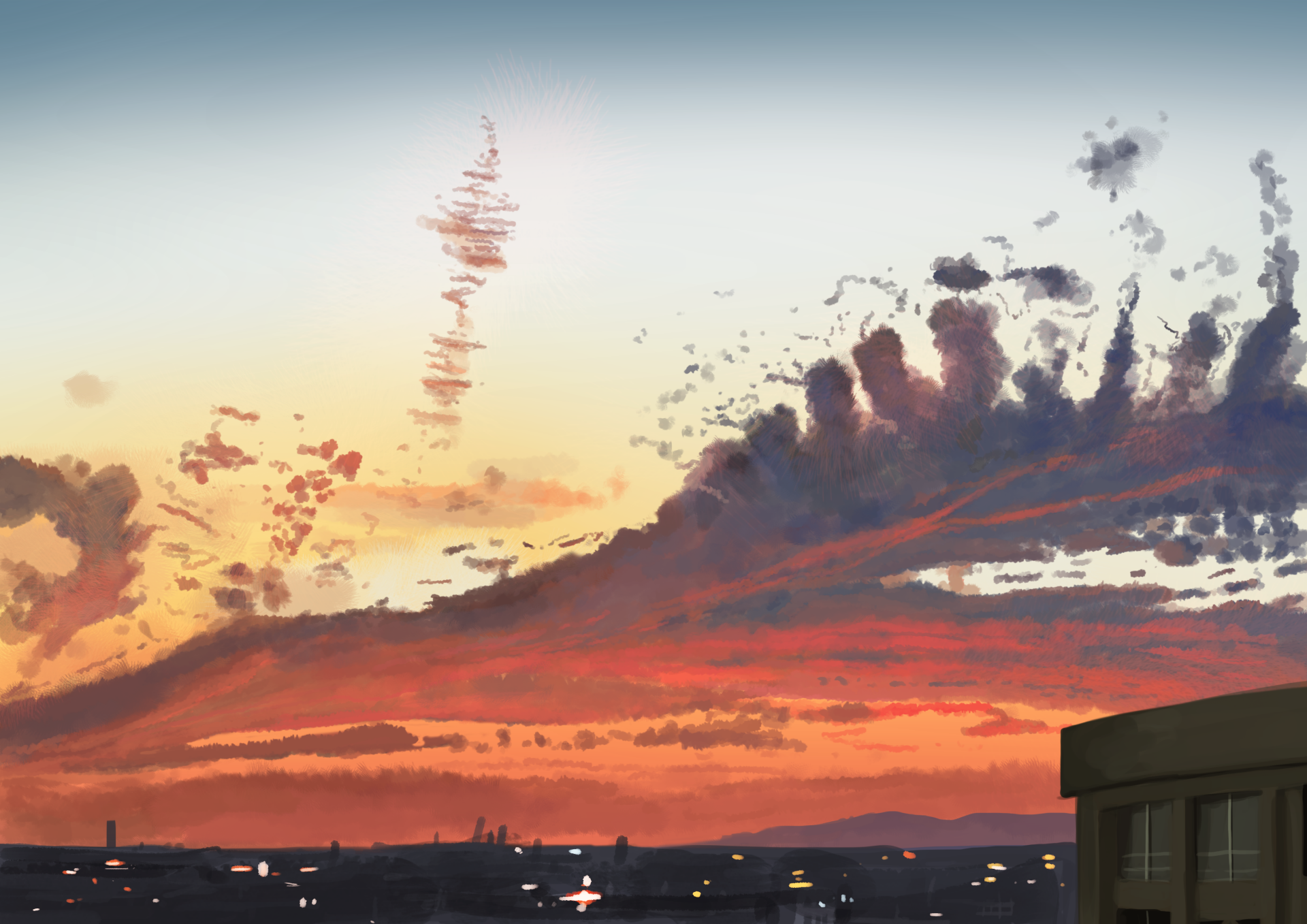 HD Anime desktop wallpaper depicting a sunset over a city skyline, with dramatic cloud formations and a colorful sky.