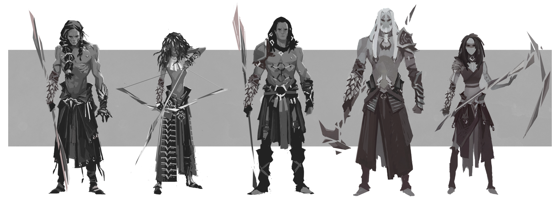 HD wallpaper featuring three characters from Ash of Gods: Redemption, showcasing their intricate designs on a monochrome background.