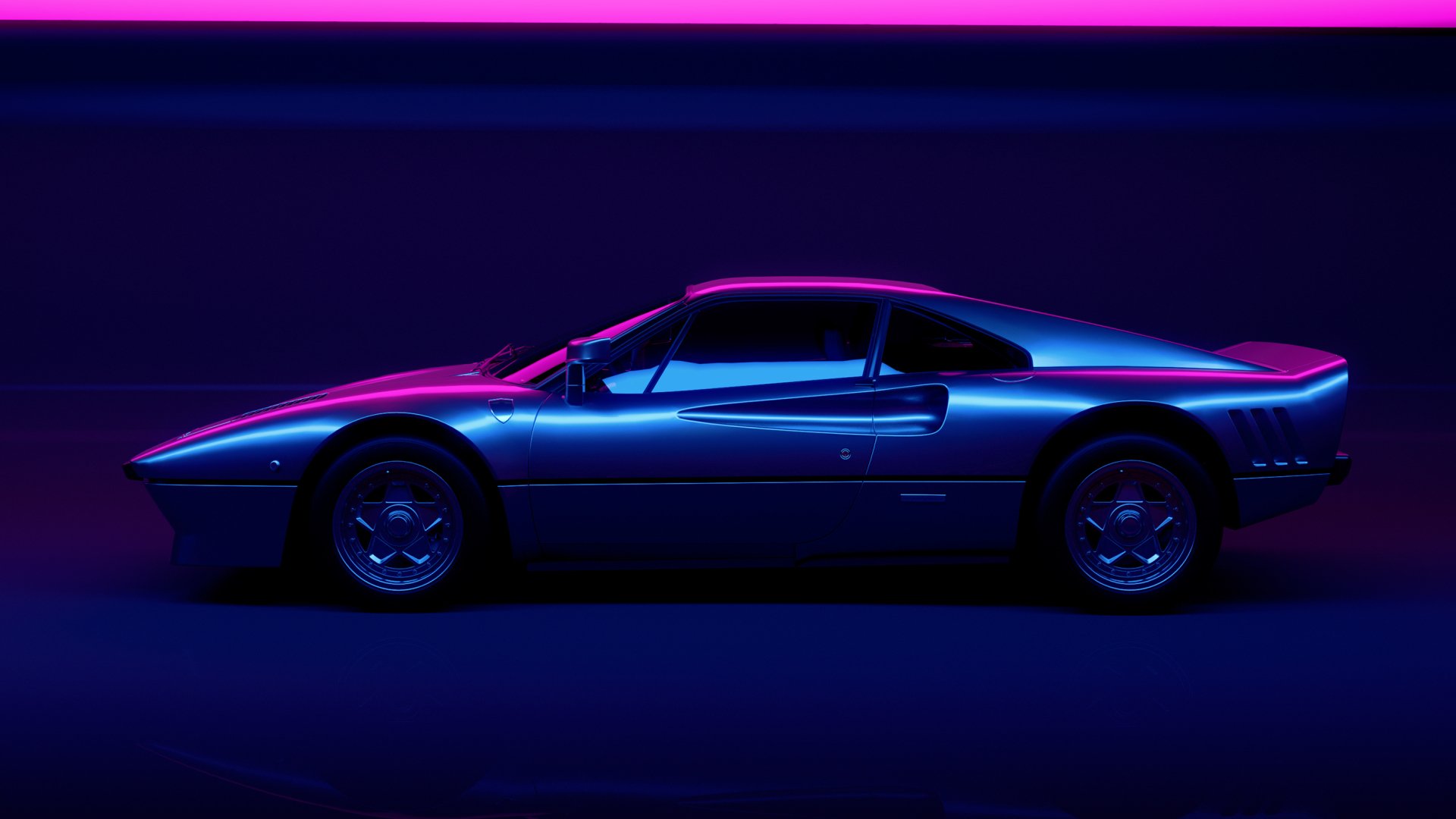 HD PC desktop wallpaper featuring a sleek vehicle in vibrant vaporwave colors with neon pink and blue lighting against a dark background.