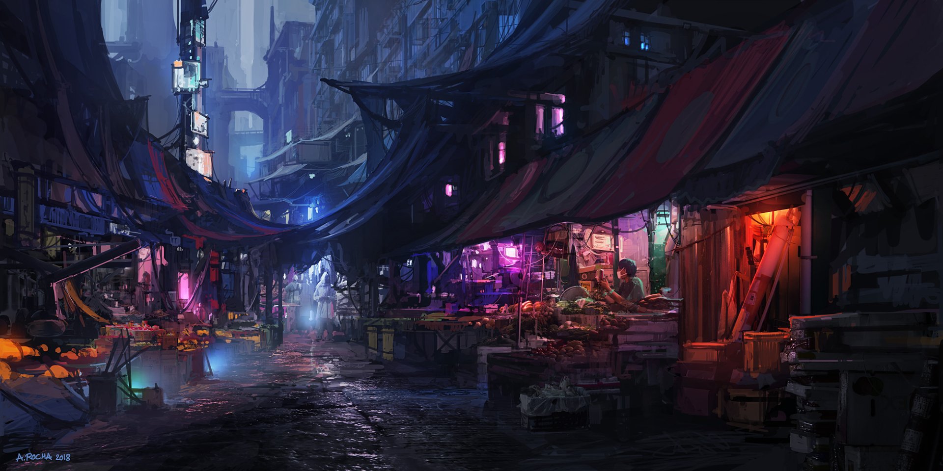 HD wallpaper of a futuristic, cyberpunk cityscape at night, showcasing a vibrant market with neon lights and dark, wet streets. The scene exudes a Sci-Fi city ambiance.