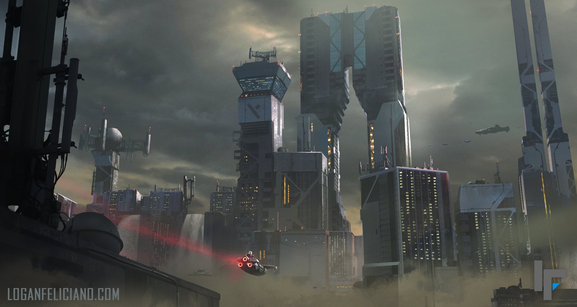 HD wallpaper featuring a futuristic sci-fi cityscape with towering buildings, airborne vehicles, and a dramatic, cloudy sky. The scene showcases the advanced architecture and technology of a sci-fi metropolis.