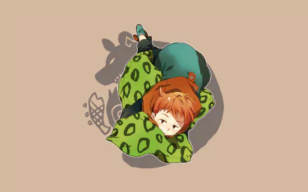 HD PC desktop wallpaper featuring King from the anime The Seven Deadly Sins, depicted in a curled-up pose with a soft beige background.