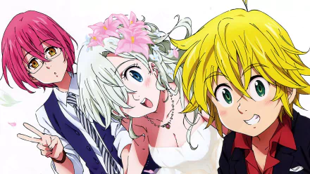 HD wallpaper featuring Gowther, Elizabeth Liones, and Meliodas from The Seven Deadly Sins anime. The characters are striking poses with vibrant expressions and colorful backgrounds.