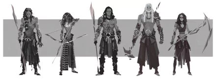 HD wallpaper featuring three characters from Ash of Gods: Redemption, showcasing their intricate designs on a monochrome background.