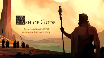 HD desktop wallpaper of Ash of Gods: Redemption featuring silhouetted characters against a stylized sunset backdrop.