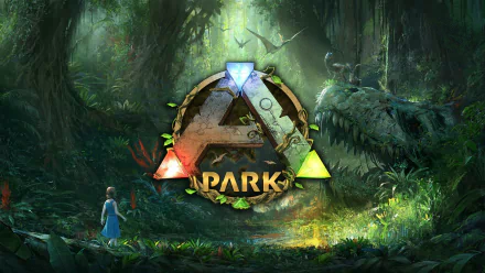 HD wallpaper featuring ARK: Survival Evolved logo with a mystical forest background.