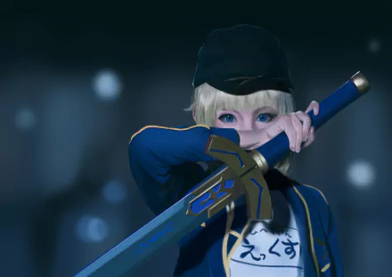 4K Ultra HD PC desktop background: Saber (Fate Series) from Fate/Grand Order — anime-style blond warrior lifts a blue sword across her face against a soft, blurred bokeh backdrop.