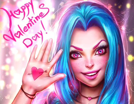 Jinx from League of Legends with blue hair and pink eyes smiles brightly, holding a heart on her palm with Happy Valentine's Day written beside her in this HD desktop wallpaper.
