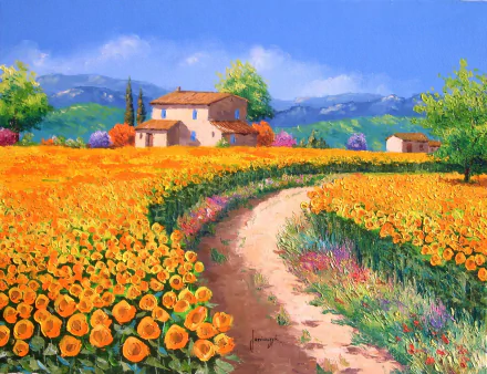 Artistic HD painting of an Italian countryside: sunlit houses beside a winding path through a vibrant field of orange flowers, framed by distant hills — desktop wallpaper background.