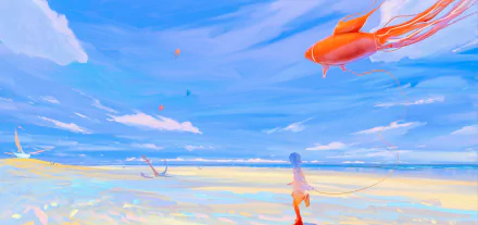 Fantasy HD desktop wallpaper of a child on a beach beneath a vast sky and horizon, with vibrant fish floating above the ocean.