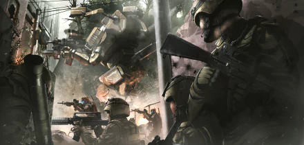 HD PC desktop wallpaper background: sci‑fi military battle with armored soldiers and a towering combat robot firing assault rifles amid smoke, debris, and explosions.