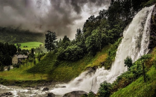 Earth Waterfall Waterfalls Norway Village Cloud HD Wallpaper | Background Image