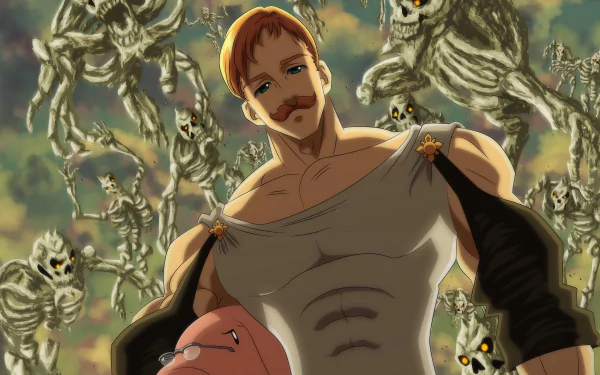 HD wallpaper featuring Escanor from the anime The Seven Deadly Sins, standing confidently amidst ominous skeletal figures.