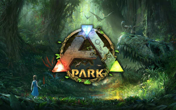 HD wallpaper featuring ARK: Survival Evolved logo with a mystical forest background.