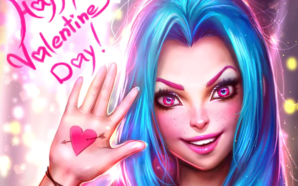 Jinx from League of Legends with blue hair and pink eyes smiles brightly, holding a heart on her palm with Happy Valentine's Day written beside her in this HD desktop wallpaper.