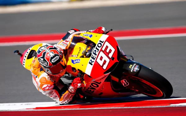 HD desktop wallpaper: Repsol Honda MotoGP rider No. 93 leaning sharply into a corner, dynamic high-speed sports action with vivid orange and red sponsor livery.