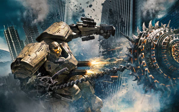 4K Ultra HD PC desktop wallpaper featuring a dynamic battle scene from the movie Pacific Rim: Uprising with a giant mech fighting a massive mechanical enemy.